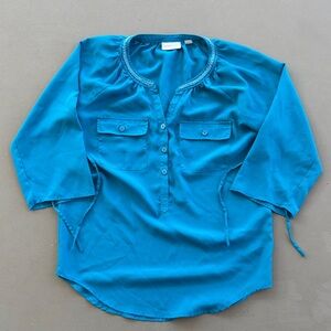 New York & Company Blue Blouse with Beaded Neck Detail Size XS